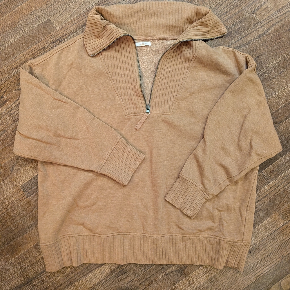 Womens Tan Sweater with Zip Collar